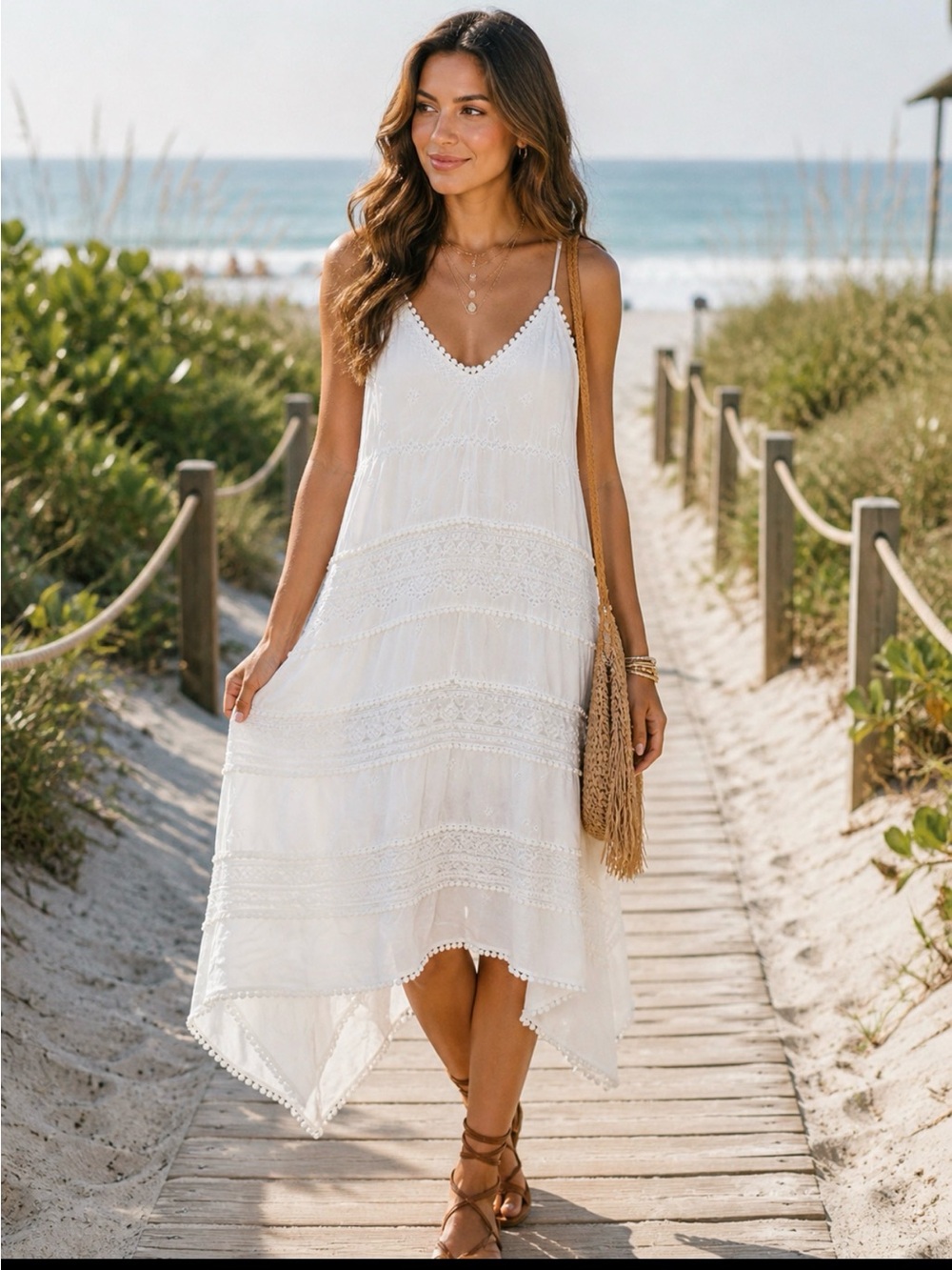 Club Monaco white embroidered dress with satin spaghetti straps